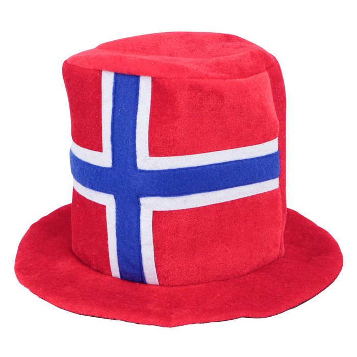 Hatt med norsk flagg i rødt, hvitt og blått
